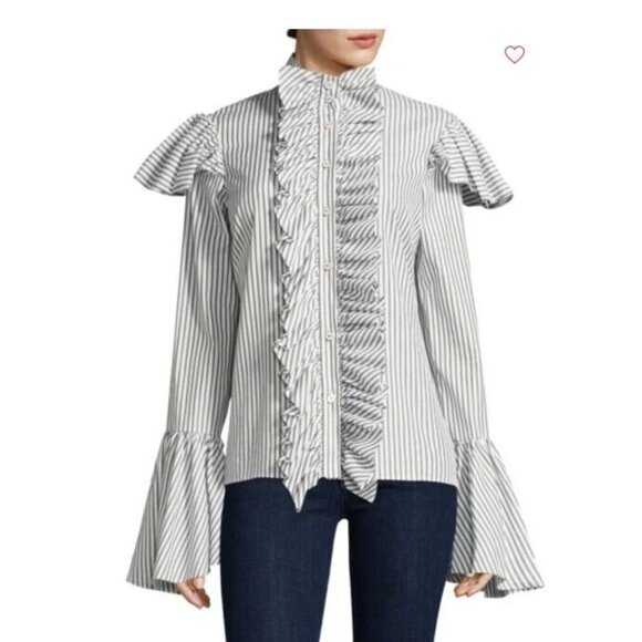 Caroline Constas Marla Blue Stripe Ruffle Button Down Blouse Size‎ Small - Picture 1 of 9